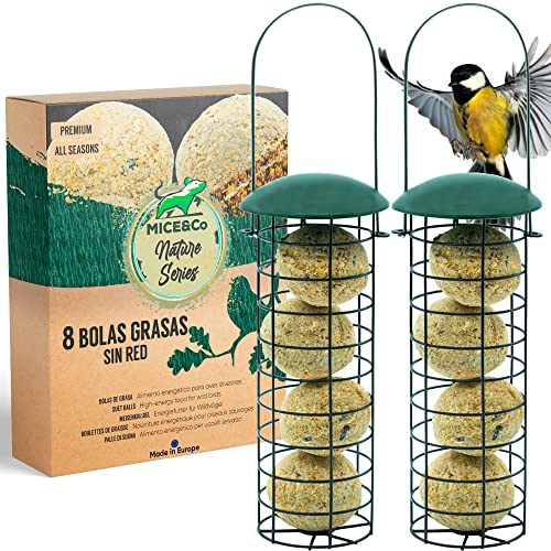 Mice&Co Comedero Pájaros Bolas de Grasa Exterior - Comedero Jardín Aves Silvestres Bolas Sebo | Pack 2 Comederos y 16 Bolas